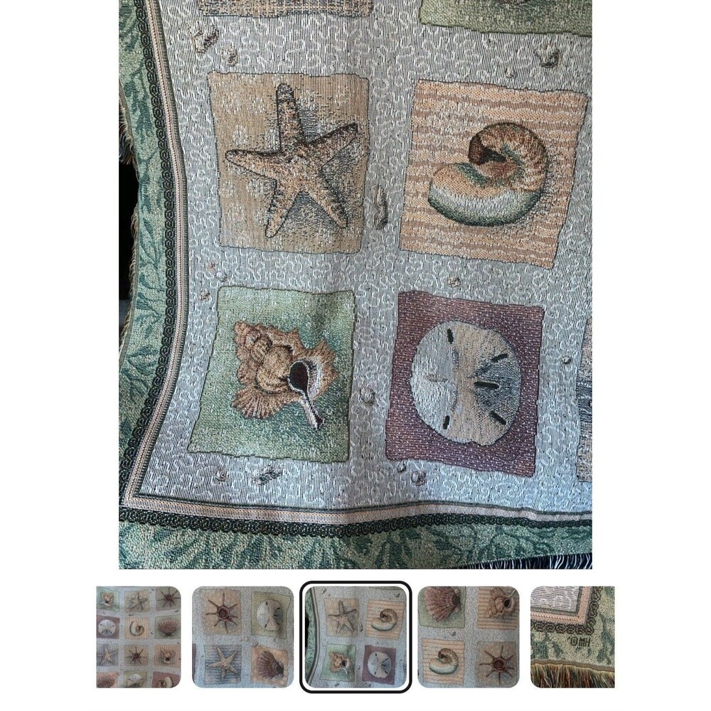 Vintage Coastal Beach Seashells Afghan Woven Throw Blanket 57”x48” Sea Ocean
